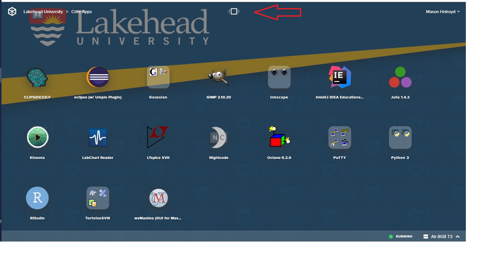 screenshot of the homepage with the launchpad icon pointed out using a red arrow