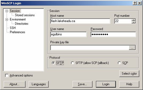 WinSCP configuration window displaying connection settings