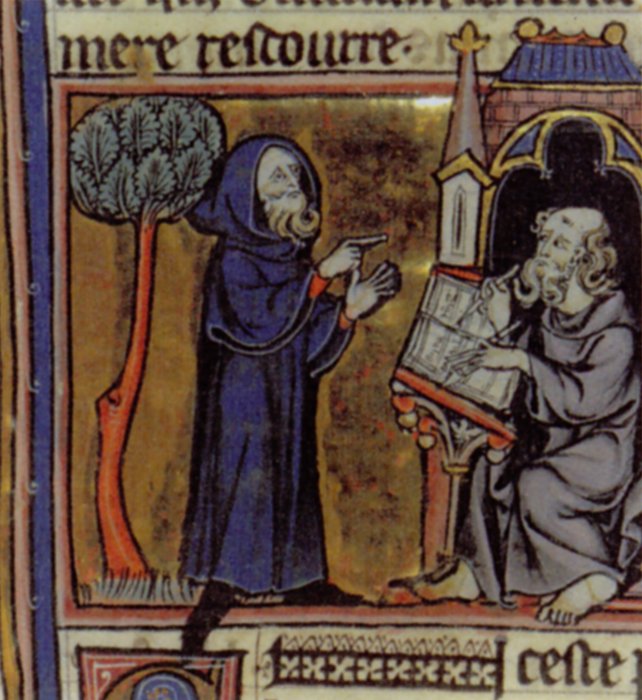Merlin Illustration A medieval illustration of Merlin, wearing a blue robe, points a finger towards a seated monk writing in a book