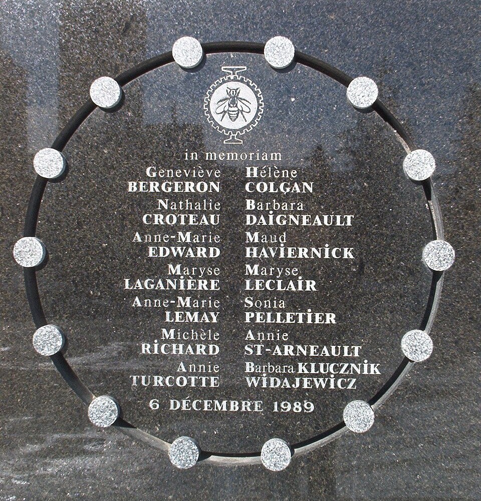 École Polytechnique Commemorative Plaque The commemorative granite plaque on the wall of Montreal's École Polytechnique listing the names of the women who were murdered at the school on December 6, 1989