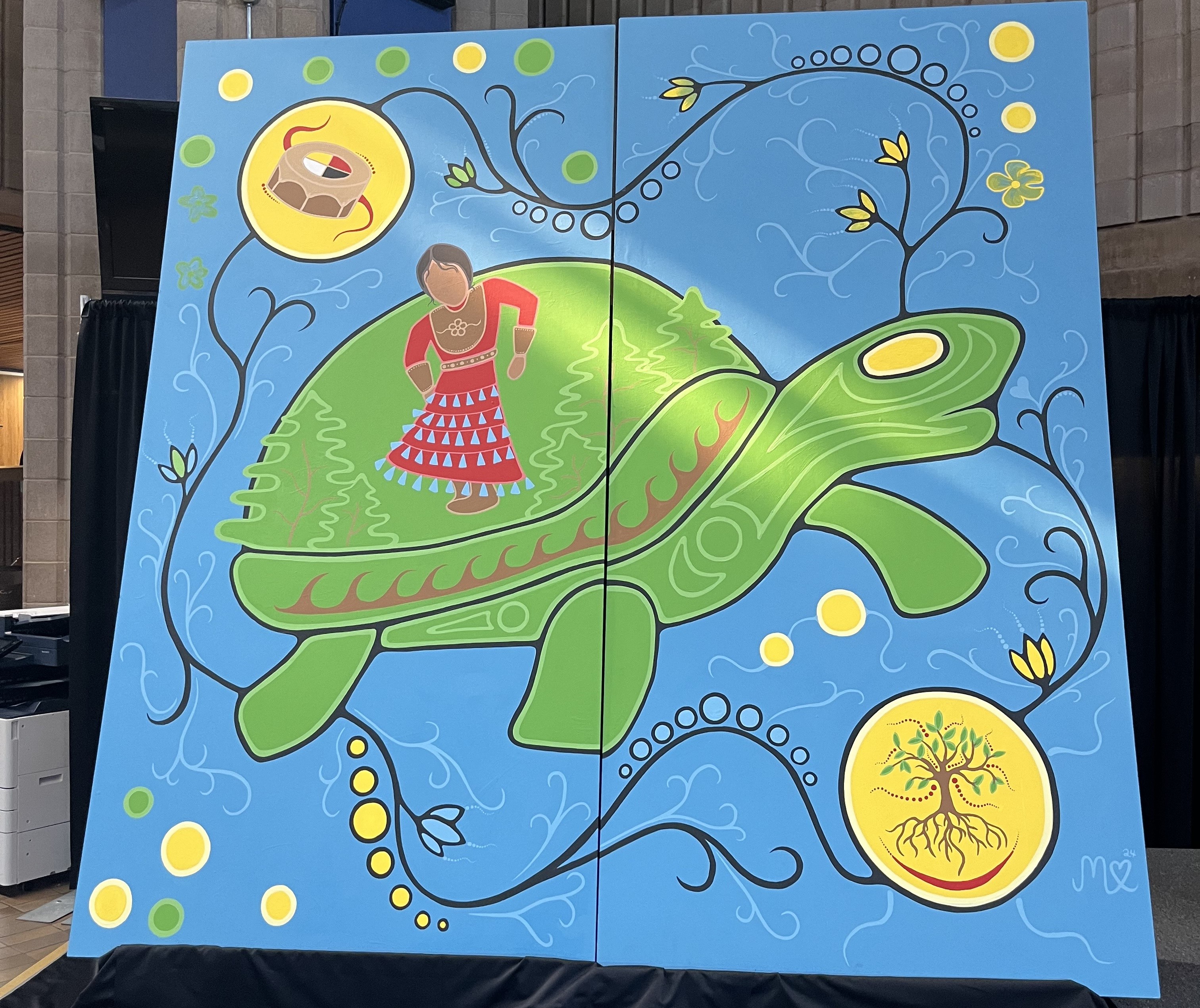 Maamawi Maamawi painting featuring a turtle and a jingle dress dancer