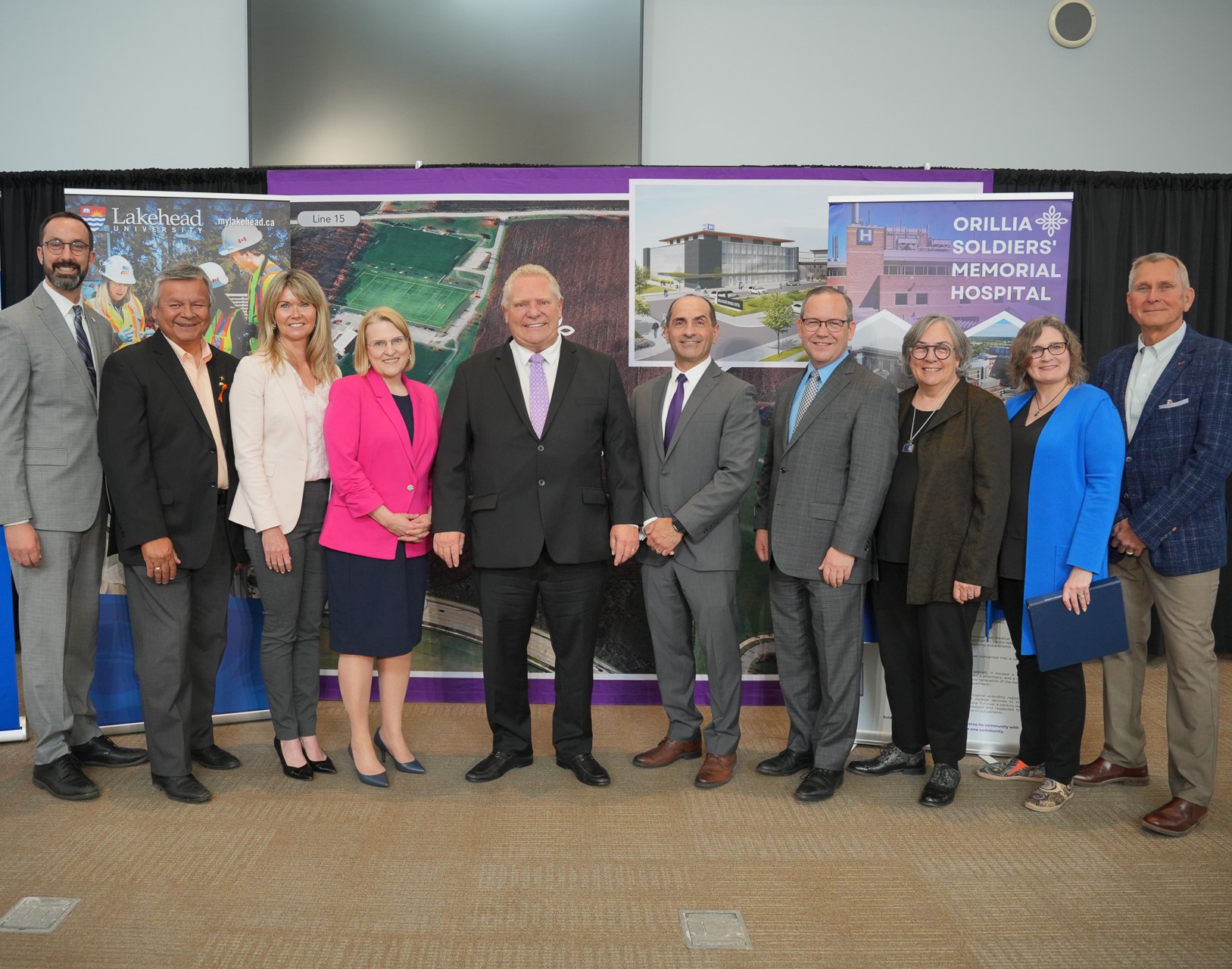 Premier Doug Ford & Officials at 2025 Hospital Announcement Ontario Premier Doug Ford stands with government, Lakehead University, and Orillia Soldiers' Hospital officials