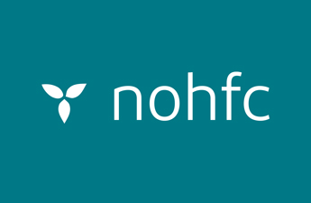 NOHFC Logo three white petal symbols joining in the centre n o h f c written in white on a blue background