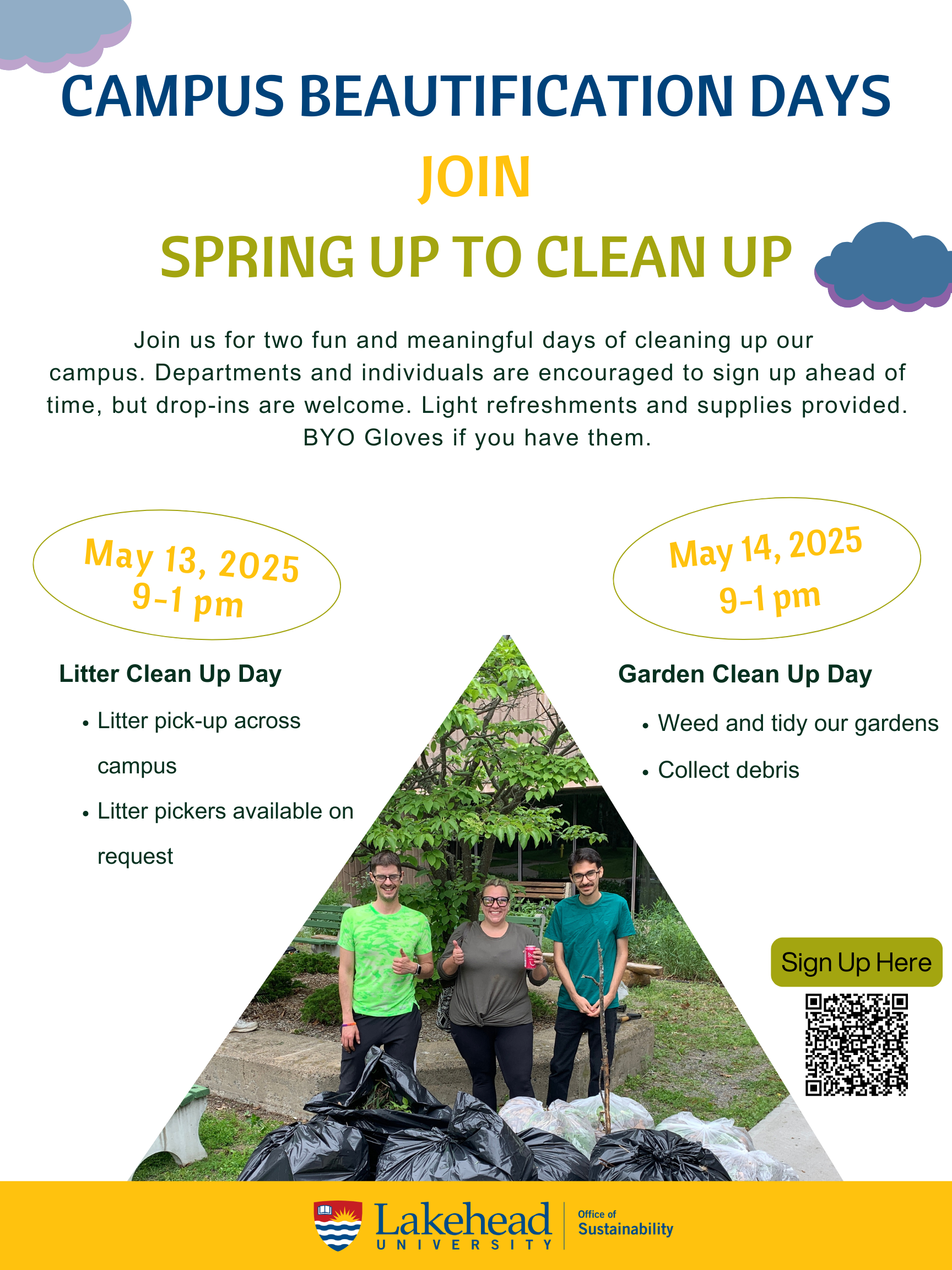 Poster which includes same information with picture of 3 lakehead staff collecting trash.