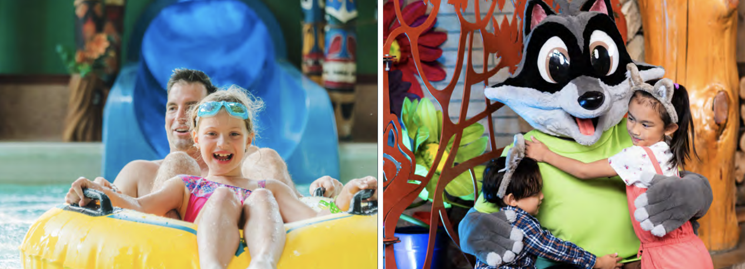 A photo of a child having fun with their father, and another visiting one of the mascots