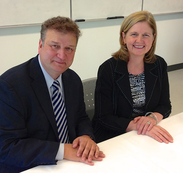 Lakehead University President and Vice-Chancellor Dr. Brian Stevenson and Georgian College President and CEO Dr. MaryLynn West-Moynes meet to discuss new ways of partnering. The presidents recently signed articulation agreements to allow Georgian graduates to more easily combine a diploma and a degree.