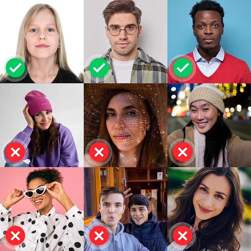 An example of appropriate photos for your id card. Each is taken straight on with a uniform background, no editing