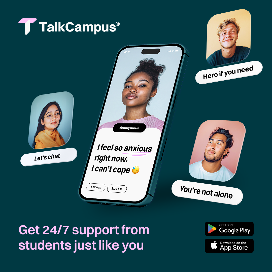TalkCampus 2025 Images of phone and students, text reading TalkCampu get help from students just like you