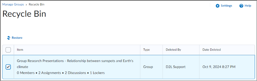 Figure: Select the check box for a group or group category and click Restore.